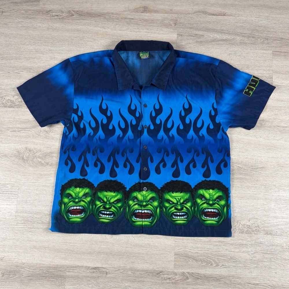 Marvel Hulk Shirt Mens XL Blue Flame All Over Print Vintage 2002 Y2K Skater